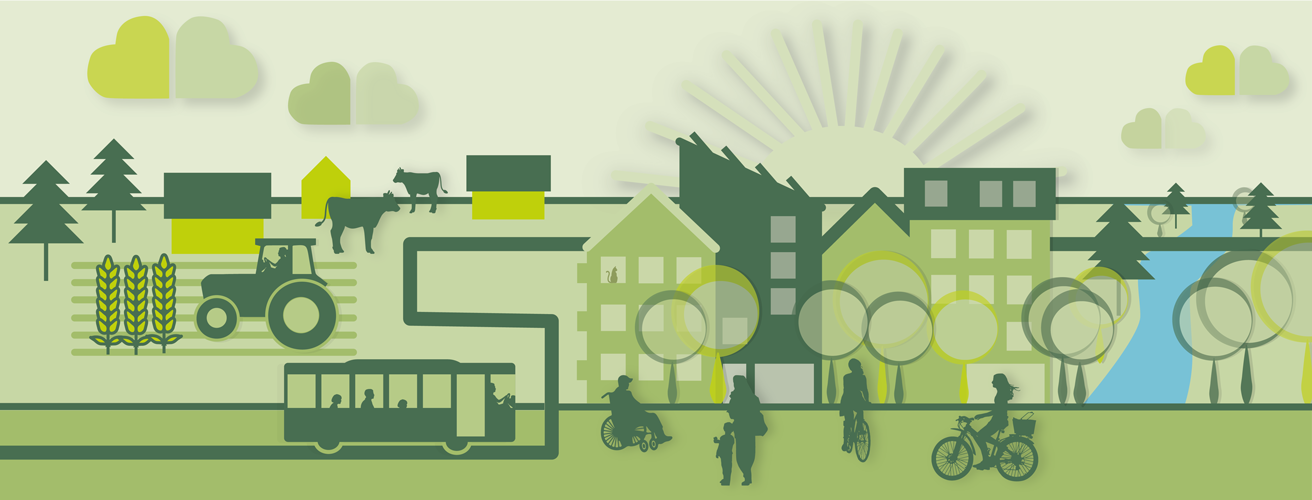 Illustration som visar ett landskap med traktorer, kor, byggnader, människor och träd.