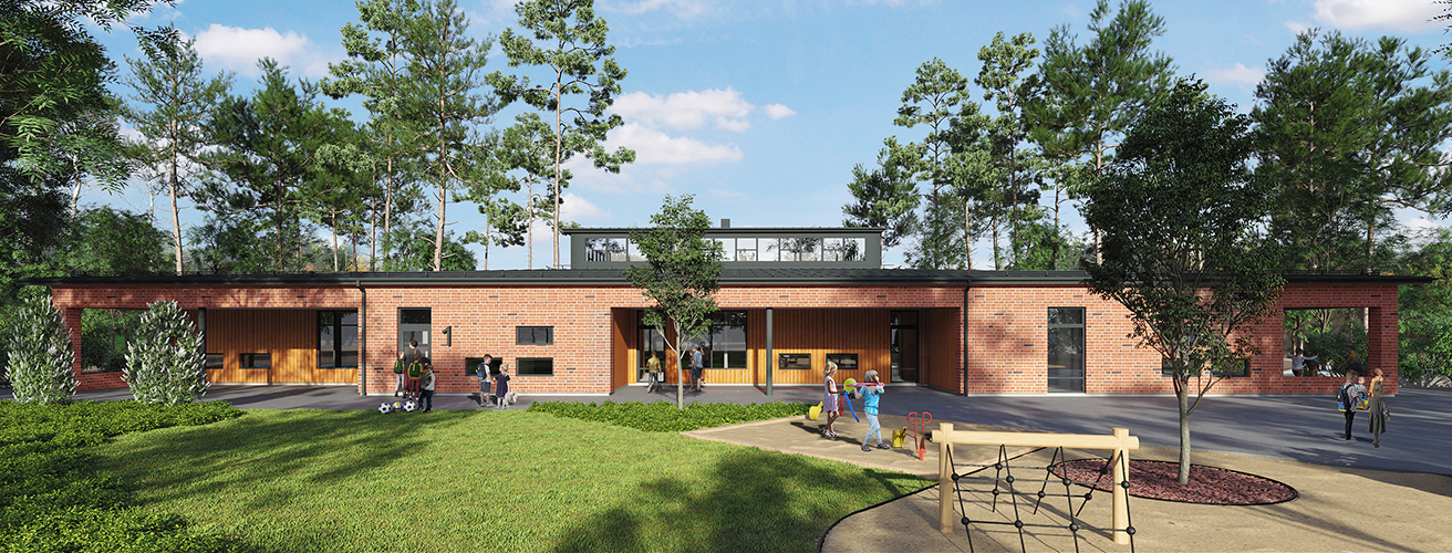 Bilden visar en skiss av en förskola med tegelröda väggar och platt, svart tak.