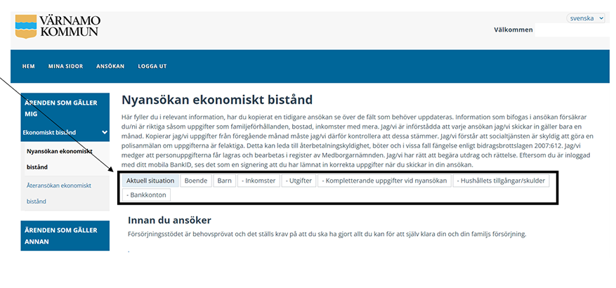 Bild som visar de olika flikarna under nyansökan ekonomiskt bistånd. Aktuell situation, boende, barn, inkomster, utgifter, kompletterande uppgifter, hushållets tillgångar, bankkonton.