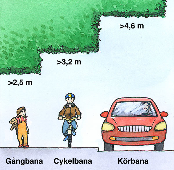 Tecknad gatuskärning som illustrerar minsta tillåten frihöjd  och fritt utrymme för trafikanterna.