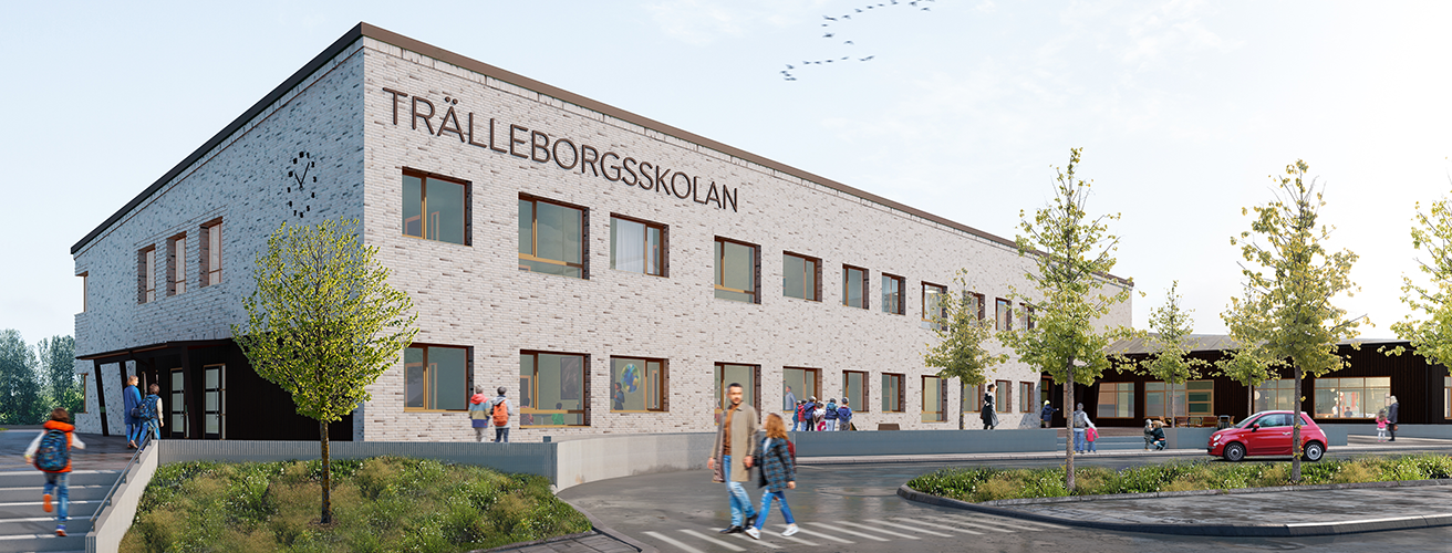 Bilden visar en skiss av en skola i två våningar, fasaden är gråmelerad och det står Trälleborgsskolan högst upp.