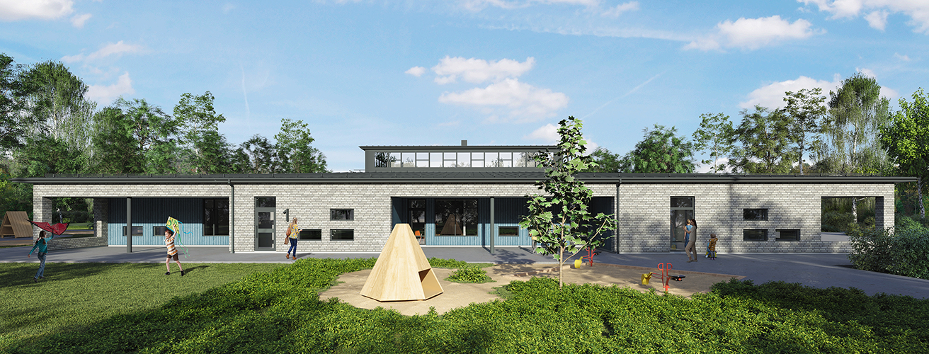 Skiss på en förskola i ett plan med gråmelerad fasad och svart, platt tak.