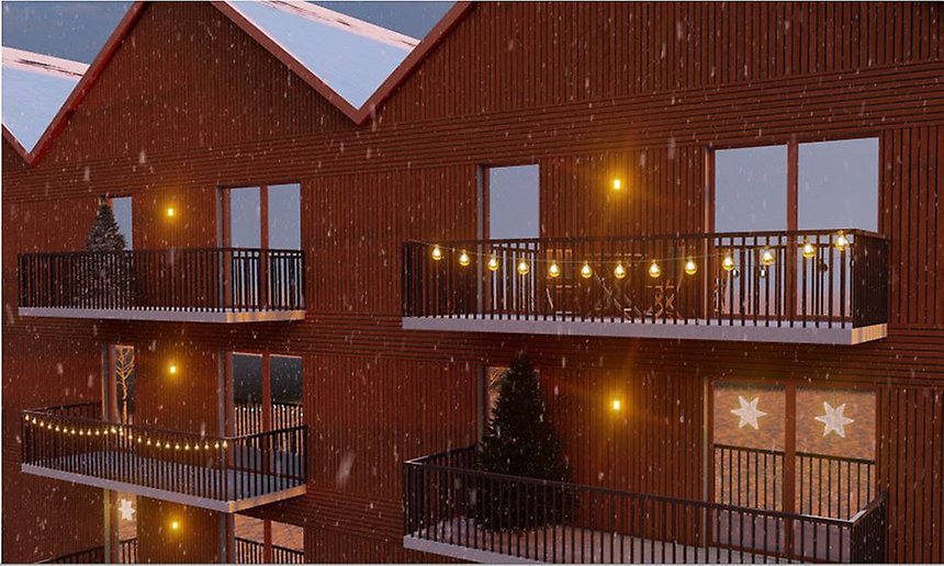 Skiss av ett hus. Fasaden är rödmålad. Det finns en balkong med svart räcke.