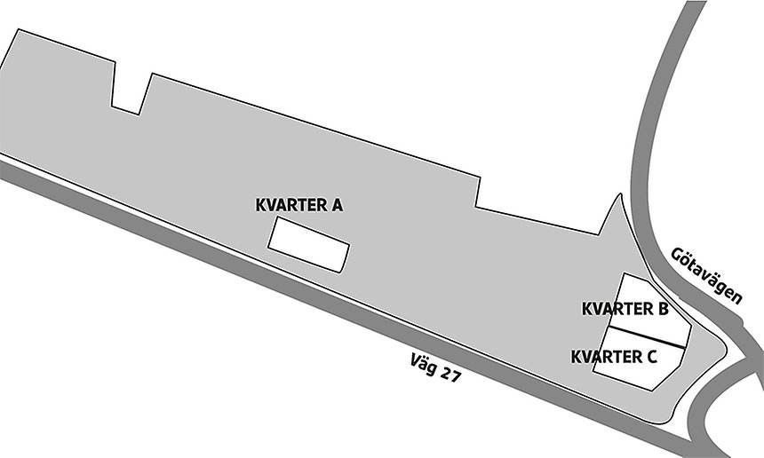 En skiss över Mossleplatån där tre kvarter markerats. Kvarter A ligger lite till höger om mitten av området. Kvarteren B och C ligger längst till höger i bilden. 