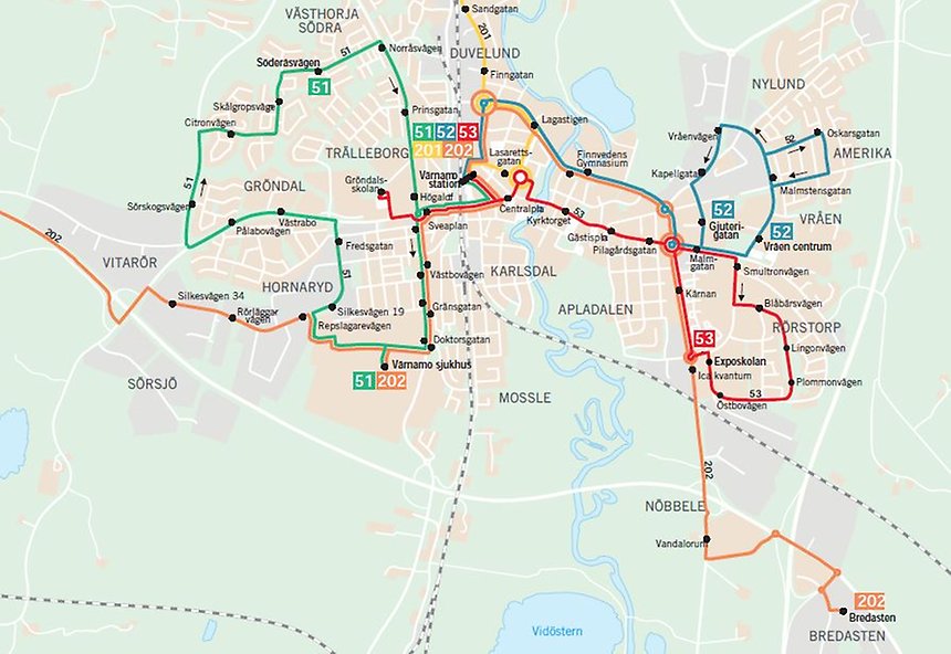 Linjekarta över Värnamos stadsbusstrafik